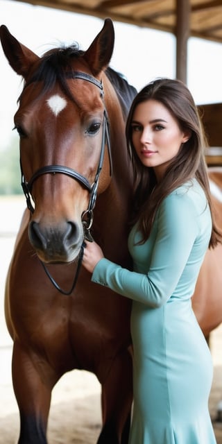 Generate hyper realistic image of an equestrian center horse grooming session. Dress the lady in equestrian attire and capture the bond between her and the majestic horse.up close,Extremely Realistic,masterpiece