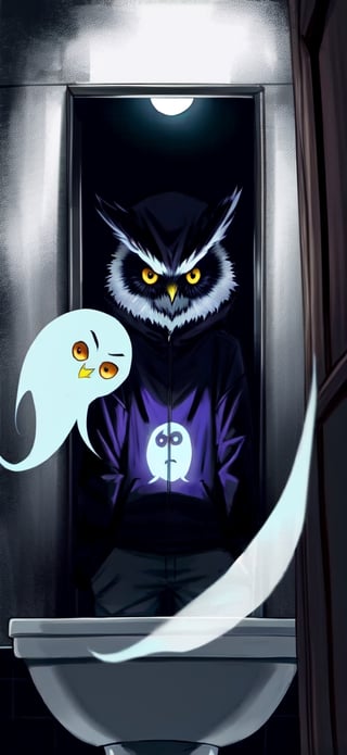 create a Ghost scaring an owl in washroom,spoooky and scary mood.halloween,monster,more detail XL,hallow33n