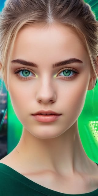 Generate hyper realistic image of a distinctive 18-year-old woman with striking heterochromia, one eye a rich amber hue and the other a deep emerald green, standing amidst a futuristic urban landscape with holographic billboards and sleek architecture.Extremely Realistic, up close, 