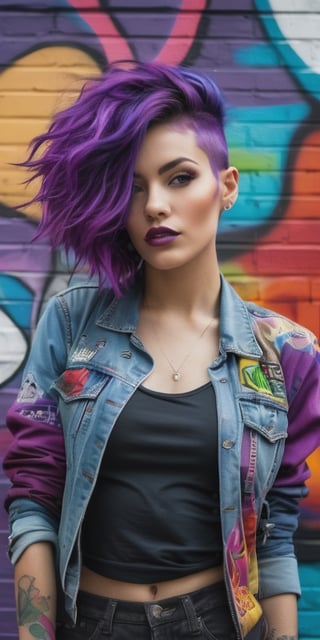 Generate hyper realistic image of a woman with vibrant purple hair, donning eclectic and eccentric fashion, posing against a graffiti-covered urban wall filled with vibrant street art, symbolizing a bold and unconventional style.photography style,Extremely Realistic,