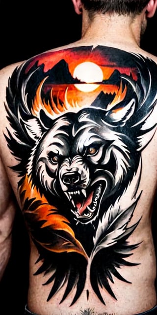 Generate hyper realistic tattoo on a man's back with a fierce grizzly bear, captured in a highly detailed, black-and-white, photorealistic style. The bear's mouth is open in a roar, showing its sharp teeth and the inside of its mouth, which adds to the aggressive and powerful impression. The eyes are intense and focused, conveying a sense of ferocity. The front paw of the bear is raised and extended forward, with long, sharp claws clearly visible. This positioning suggests an attack stance, adding to the action and intensity of the image. The fur of the bear is intricately detailed, with individual strands and varying shades of gray to create depth and realism. The texture of the fur contrasts with the smooth, dark areas of the mouth and nose. The background is abstract and blurry, composed of various shades of gray and white that suggest motion or a natural environment, like a forest.,FuturEvoLabTattoo,Andrew