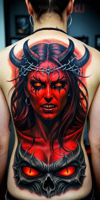 Generate hyper realistic tattoo on a man's back with a demonic woman with distinct features. She has two large, curved horns protruding from her head, which are textured and detailed. Her expression is one of defiance and aggression. She has red glowing eyes closed, her mouth open, and her tongue sticking out, revealing sharp, fang-like teeth. There is a symbol of pentagram on her forehead, adding to the demonic appearance. Surrounding her head is a circular, barbed wire-like crown of thorns. This crown adds a gothic undertone. 