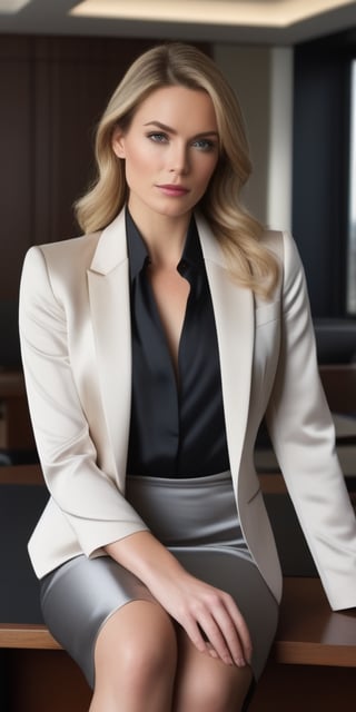 Generate hyper realistic image of  a woman in a refined boardroom ensemble—elegant blazer, silk blouse, and pencil skirt—her eyes reflecting strategic thinking and leadership during a high-stakes business meeting.((upper body))