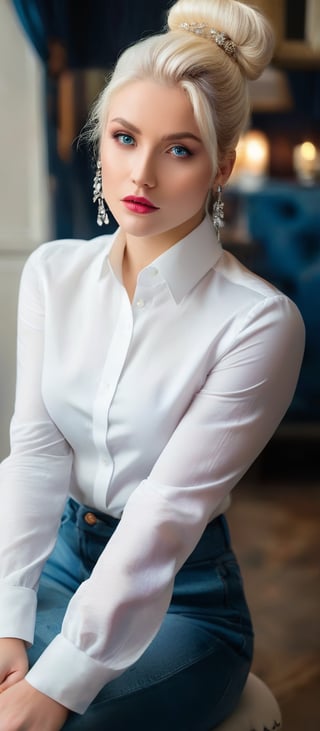 Generate hyper realistic image of a woman with blonde hair and piercing blue eyes, elegantly sitting and gazing directly at the viewer. She wears a crisp white shirt with long sleeves, adorned with subtle jewelry including earrings and a necklace. Her hair is styled in a chic bun, with strands of white hair framing her face, adding to her ethereal charm. The indoor setting provides a soft light that accentuates her features and highlights the delicate details of her attire and accessories.