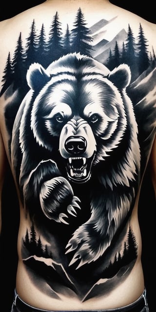 Generate hyper realistic tattoo on a man's back with a fierce grizzly bear, captured in a highly detailed, black-and-white, photorealistic style. The bear's mouth is open in a roar, showing its sharp teeth and the inside of its mouth, which adds to the aggressive and powerful impression. The eyes are intense and focused, conveying a sense of ferocity. The front paw of the bear is raised and extended forward, with long, sharp claws clearly visible. This positioning suggests an attack stance, adding to the action and intensity of the image. The fur of the bear is intricately detailed, with individual strands and varying shades of gray to create depth and realism. The texture of the fur contrasts with the smooth, dark areas of the mouth and nose. The background is abstract and blurry, composed of various shades of gray and white that suggest motion or a natural environment, like a forest.,FuturEvoLabTattoo,Andrew