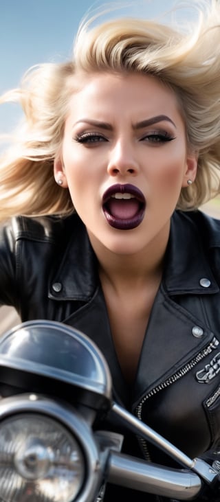 Generate hyper realistic image of a roaring motorcycle, a fierce woman with a facial tattoo exudes an aura of rebellion as she speeds down the open road. Her blonde hair flows freely behind her, contrasting with the dark lipstick that adorns her lips. With a confident grip on the handles, she glances over her shoulder, her piercing gaze meeting yours for a moment before she turns her attention back to the open highway.