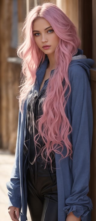 Generate hyper realistic image of a beautiful woman with long, flowing hair cascading down her shoulders, her piercing blue eyes gazing directly at the viewer. She wears a stylish ensemble with long sleeves and pink hair, set in a classic cowboy shot. Adorned with elegant earrings, she exudes confidence in her pants and hood attire.