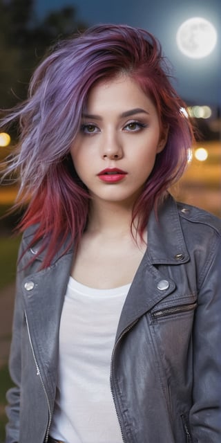  Create a hyper realistic Women walking in the park at night, gazing towrds the moon..messy violet hair with cherry red strands. long hair,grey eyes, red lips, dark make up,wearing  cute jacket. sharp focus, highly detailed.,background of park at night,photo r3al,Extremely Realistic