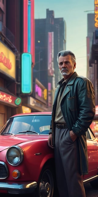 Generate hyper realistic image of a cyberpunk city where a middle-aged man, dressed in retro-inspired clothing, stands near his vintage car. With a wistful expression, he reminisces about the days when cars were fueled by gasoline and the open road was a symbol of freedom, longing for the simplicity and nostalgia of a bygone era