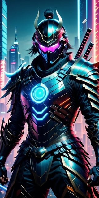 Generate hyper realistic image of a futuristic samurai adorned in sleek cybernetic armor, wielding a plasma katana with neon-illuminated edges, standing against a backdrop of technologically advanced cityscape, seamlessly blending traditional warrior aesthetics with cutting-edge technology.photography style,Extremely Realistic, ,3dmdt1,rmspdvrs