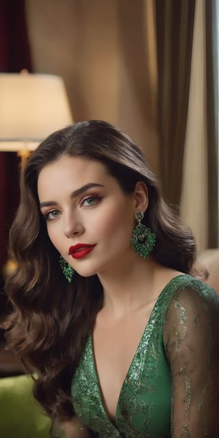 Generate hyper realistic image of a stunning woman with cascading dark chocolate waves, framed by delicate earrings. Her beautiful green eyes sparkle with warmth, complemented by a cute nose and blood-red lips. Dressed in designer November clothing, she exudes sophistication and charm, set in the cozy ambiance of a warmly lit living room.