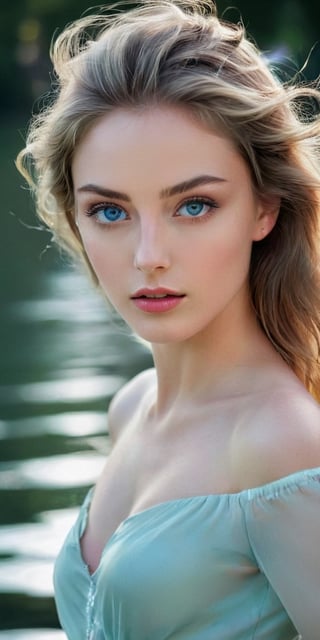 Generate hyper realistic image of a captivating model with a unique face shape and captivating blue eyes, her waist-up framed against a backdrop of a serene lakeside, the tranquil water reflecting the serenity and depth within her.