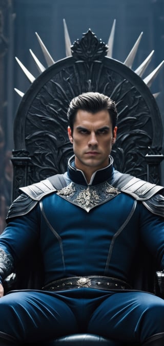 create a beautiful dark age king, fierce, dominating,elegant, intelegent, short hair, athletic, dark hair, royal outfit, blue eys, tall, sitting in his throne, looking down on the viewer.,detailmaster2,male,Movie Still,more detail XL