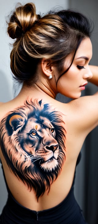 Generate hyper realistic image of a woman with a remarkable and powerful tattoo design on her back. The woman is shown from behind, with her head turned slightly to the side, giving a partial view of her profile. Her arms are raised and resting on her shoulders, emphasizing the back tattoo. The tattoo is a striking and artistic composition, combining a majestic lion's face with two cubs. The lion's face is detailed and realistic, with expressive eyes and a flowing mane that blends seamlessly into the woman's skin. The lions cubs are prominently positioned, one at the top of the tattoo near her neck and the other overlapping the lion's face. The woman's hair is styled in a simple, loose bun, allowing the tattoo to be fully visible. The background is neutral and unobtrusive.