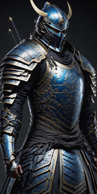 Generate an intricately detailed and visually compelling image of a formidable man adorned in futuristic samurai armor. Design a character whose armor seamlessly blends traditional samurai aesthetics with cutting-edge technology, featuring sleek lines, glowing accents, and advanced materials. Pay meticulous attention to the details of the armor, incorporating intricate patterns, symbols, and a harmonious color scheme. Place the man in a futuristic environment that complements the high-tech samurai theme, with dynamic lighting to showcase the reflective surfaces of the armor. Capture a sense of strength, honor, and readiness for battle, evoking the fusion of ancient warrior traditions with the advancements of a futuristic world. The goal is to create a visually stunning representation of a modern-day samurai in a technologically advanced era. .highly detailed . high_resolution, highly detailed, sharp focus.8k,NightmareFlame,rmspdvrs