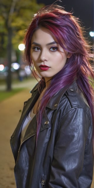  Create a hyper realistic Women walking in the park at night, gazing towrds the moon..messy violet hair with cherry red strands. long hair,grey eyes, red lips, dark make up,wearing  cute jacket. sharp focus, highly detailed.,background of park at night,photo r3al,Extremely Realistic