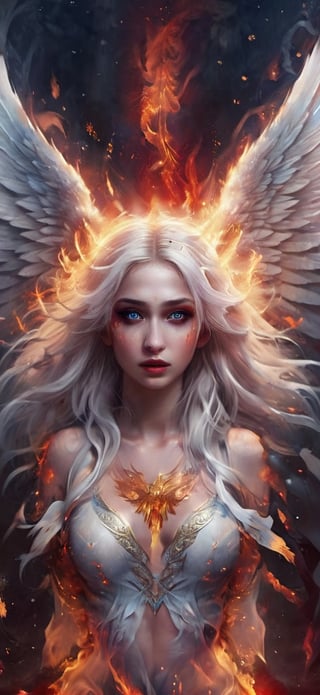  create a beautiful female angel falling down from the heaven. sad expression,fire wings, wings wide open, snow white long hair, messy hair, wings made out of fire , hopeful expression,blue eyes, red lips, realistic,fire element,flmngprsn,AngelicStyle