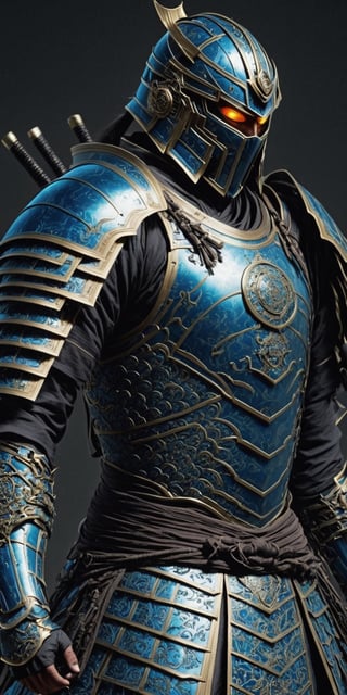 Generate an intricately detailed and visually compelling image of a formidable man adorned in futuristic samurai armor. Design a character whose armor seamlessly blends traditional samurai aesthetics with cutting-edge technology, featuring sleek lines, glowing accents, and advanced materials. Pay meticulous attention to the details of the armor, incorporating intricate patterns, symbols, and a harmonious color scheme. Place the man in a futuristic environment that complements the high-tech samurai theme, with dynamic lighting to showcase the reflective surfaces of the armor. Capture a sense of strength, honor, and readiness for battle, evoking the fusion of ancient warrior traditions with the advancements of a futuristic world. The goal is to create a visually stunning representation of a modern-day samurai in a technologically advanced era. .highly detailed . high_resolution, highly detailed, sharp focus.8k,NightmareFlame,rmspdvrs