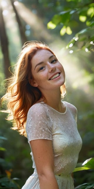 Generate hyper realistic image of a confident model with a freckled complexion and a captivating smile, her waist-up posed against a backdrop of a sunlit forest, the golden rays of light filtering through the foliage, accentuating her beauty.