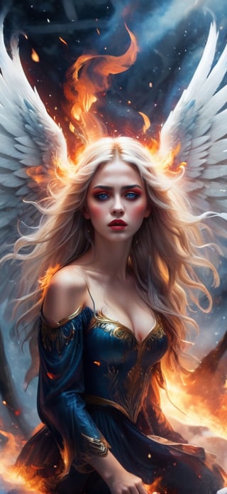  create a beautiful female angel falling down from the sky. sad expression,fire wings, wings wide open, snow white long hair, messy hair, wings made out of fire , hopeful expression,blue eyes, red lips, realistic, photo r3al,more detail XL,IMGFIX,AngelicStyle,fire element