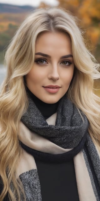 Generate hyper realistic image of a beautiful woman surrounded by nature, her blonde hair cascading down. With a cute nose and an innocent smile, she dons November designer attire, featuring a large scarf to keep her warm. The dark makeup adds a touch of sophistication to the cozy, outdoor scene.