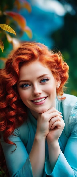 Generate hyper realistic image of a moment frozen in time, where a beguiling woman, her red hair a fiery cascade of curls, shares a knowing smile with the viewer. Her piercing blue eyes twinkle with mischief as she lounges against a backdrop of blurred foliage. Adorned with subtle earrings that catch the light, she embodies a natural beauty, her lips parted in a playful expression, her head tilted in coy invitation, sleeves grazing past her wrists in a relaxed gesture.