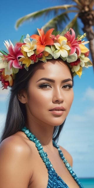 Generate hyper realistic image of a modern and empowered Native Hawaiian woman with a tropical floral crown, wearing a stylish beach-inspired ensemble, enjoying a day in the sun with the backdrop of palm trees and crystal-clear waters.Extremely Realistic, up close, 