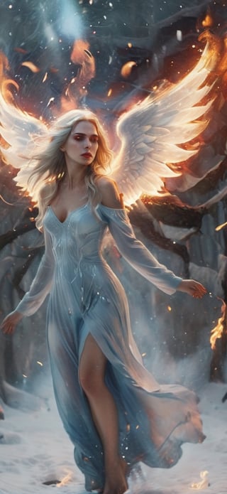  create a beautiful female angel falling down from the sky. sad expression,fire wings, wings wide open, snow white long hair, messy hair, wings made out of fire , hopeful expression,blue eyes, red lips, realistic, photo r3al,more detail XL,IMGFIX,AngelicStyle,fire element