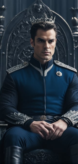 create a beautiful dark age king, fierce, dominating,elegant, intelegent, short hair, athletic, dark hair, royal outfit, blue eys, tall, sitting in his throne, looking down on the viewer.,detailmaster2,male,Movie Still,more detail XL