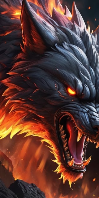 Create a lava wolf growling, from its mouth dripping lava , fire from eyes, enemy of humanity, screeching, up close, dark night, sharp focus, highly detailed,