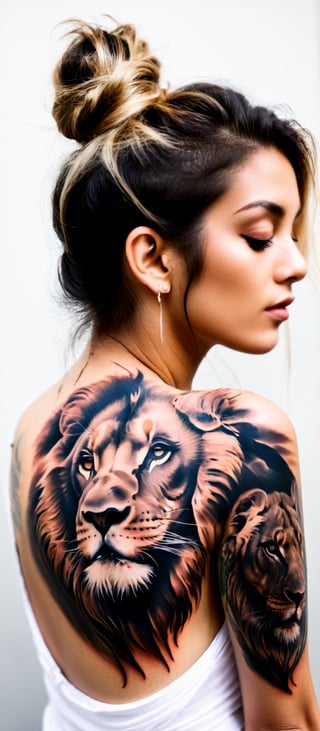 Generate hyper realistic image of a woman with a remarkable and powerful tattoo design on her back. The woman is shown from behind, with her head turned slightly to the side, giving a partial view of her profile. Her arms are raised and resting on her shoulders, emphasizing the back tattoo. The tattoo is a striking and artistic composition, combining a majestic lion's face with two cubs. The lion's face is detailed and realistic, with expressive eyes and a flowing mane that blends seamlessly into the woman's skin. The lions cubs are prominently positioned, one at the top of the tattoo near her neck and the other overlapping the lion's face. The woman's hair is styled in a simple, loose bun, allowing the tattoo to be fully visible. The background is neutral and unobtrusive.