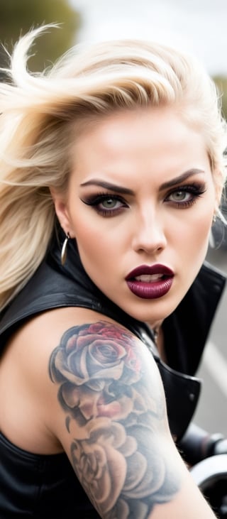 Generate hyper realistic image of a roaring motorcycle, a fierce woman with a facial tattoo exudes an aura of rebellion as she speeds down the open road. Her blonde hair flows freely behind her, contrasting with the dark lipstick that adorns her closed lips. With a confident grip on the handles, she glances over her shoulder, her piercing gaze meeting yours for a moment before she turns her attention back to the open highway.