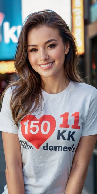 Generate hyper realistic image of a stunningly beautiful woman as she stands near the viewer, her captivating smile lighting up the scene, while proudly wearing a t-shirt that showcases the extraordinary achievement of '150k likes,' symbolizing her hard work and determination.