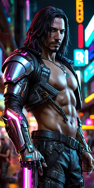 Generate hyper realistic image of a cyberpunk version of Johnny Silverhand, featuring augmented cybernetic enhancements, a luminous silver cyber arm, and a rebellious demeanor. Set against the backdrop of a neon-lit dystopian cityscape, capturing the essence of a digital rebel icon.