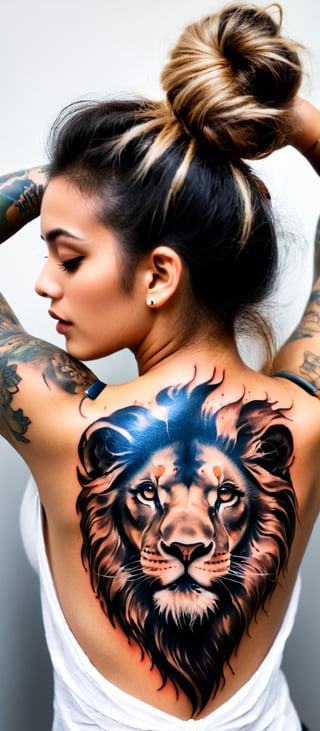 Generate hyper realistic image of a woman with a remarkable and powerful tattoo design on her back. The woman is shown from behind, with her head turned slightly to the side, giving a partial view of her profile. Her arms are raised and resting on her shoulders, emphasizing the back tattoo. The tattoo is a striking and artistic composition, combining a majestic lion's face with two cubs. The lion's face is detailed and realistic, with expressive eyes and a flowing mane that blends seamlessly into the woman's skin. The lions cubs are prominently positioned, one at the top of the tattoo near her neck and the other overlapping the lion's face. The woman's hair is styled in a simple, loose bun, allowing the tattoo to be fully visible. The background is neutral and unobtrusive.