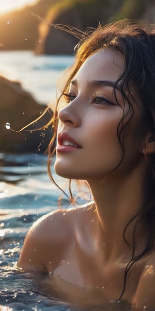 Generate hyper realistic image of a woman as she emerges from the crystalline waters of a secluded beach, her sun-kissed skin glistening with droplets of water, her tousled hair framing her face like a mermaid's crown, and her radiant smile reflecting pure joy.