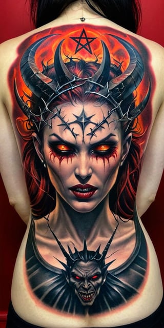 Generate hyper realistic tattoo on a man's back with a demonic woman with distinct features. She has two large, curved horns protruding from her head, which are textured and detailed. Her expression is one of defiance and seductness. She has red glowing eyes closed, her mouth open, and her tongue sticking out, revealing sharp, fang-like teeth. There is a symbol of pentagram on her forehead, adding to the demonic appearance. Surrounding her head is a circular, barbed wire-like crown of thorns. This crown adds a gothic undertone. 
