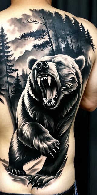 Generate hyper realistic tattoo on a man's back with a fierce grizzly bear, captured in a highly detailed, black-and-white, photorealistic style. The bear's mouth is open in a roar, showing its sharp teeth and the inside of its mouth, which adds to the aggressive and powerful impression. The eyes are intense and focused, conveying a sense of ferocity. The front paw of the bear is raised and extended forward, with long, sharp claws clearly visible. This positioning suggests an attack stance, adding to the action and intensity of the image. The fur of the bear is intricately detailed, with individual strands and varying shades of gray to create depth and realism. The texture of the fur contrasts with the smooth, dark areas of the mouth and nose. The background is abstract and blurry, composed of various shades of gray and white that suggest motion or a natural environment, like a forest.,FuturEvoLabTattoo,Andrew