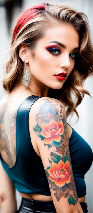 Generate hyper realistic image of a woman posing in an eye-catching outfit with a prominent tattoo. The woman has long, light brown hair styled in loose waves, cascading down her back and over her shoulders. Her makeup is striking, with a focus on her eyes, which enhanced with bold eyeliner. Her lips are painted red. She is looking over her shoulder directly at the camera. The woman has an elaborate tattoo covering her right arm and extending onto her back. The tattoo features includes floral and mythical elements, with vibrant colors such as teal and shades of red and brown. She is wearing a black, shiny, leather-like top that is cropped, exposing her midriff. The top has long sleeves. 