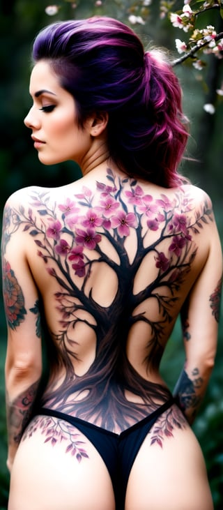 Generate hyper realistic image of a woman with an intricate and vibrant full-back tattoo. The woman is shown from behind, standing, allowing a clear view of her entire back. Her hair is straight and purple, falling around her shoulders. The tattoo covers her entire back. The central feature of the tattoo is a tree trunk and branches are intricately detailed with rich, dark brown shades. The branches extend gracefully across the skin, spreading out in an organic and natural pattern. The flowers are depicted in various shades of pink, from deep magenta to soft pastel hues. Each blossom is carefully crafted, with delicate petals and subtle shading. urrounding the tree and blossoms are scattered petals and leaves.