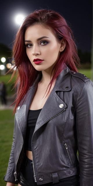  Create a hyper realistic Women walking in the park at night, gazing towrds the moon..messy violet hair with cherry red strands. long hair,grey eyes, red lips, dark make up,wearing  cute jacket. sharp focus, highly detailed.,background of park at night,photo r3al,Extremely Realistic