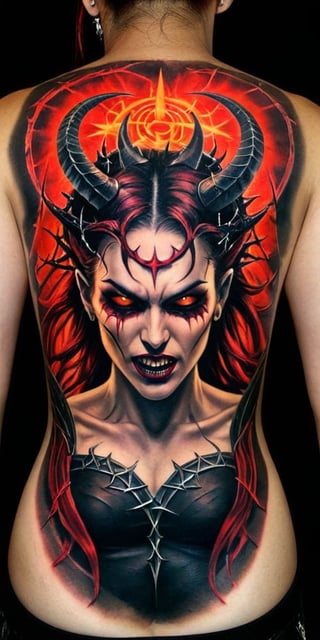 Generate hyper realistic tattoo on a man's back with a demonic woman with distinct features. She has two large, curved horns protruding from her head, which are textured and detailed. Her expression is one of defiance and aggression. She has red glowing eyes closed, her mouth open, and her tongue sticking out, revealing sharp, fang-like teeth. There is a symbol of pentagram on her forehead, adding to the demonic appearance. Surrounding her head is a circular, barbed wire-like crown of thorns. This crown adds a gothic undertone. 