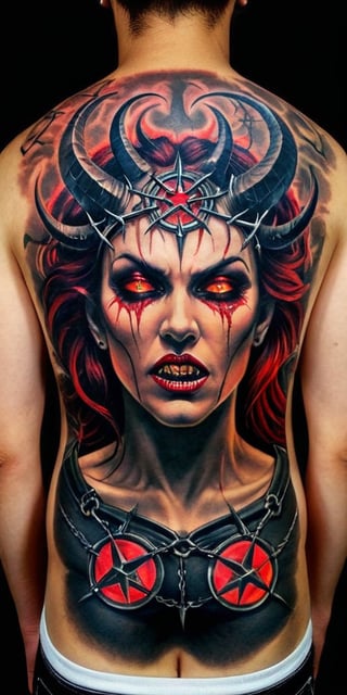 Generate hyper realistic tattoo on a man's back with a demonic woman with distinct features. She has two large, curved horns protruding from her head, which are textured and detailed. Her expression is one of defiance and aggression. She has red glowing eyes closed, her mouth open, and her tongue sticking out, revealing sharp, fang-like teeth. There is a symbol of pentagram on her forehead, adding to the demonic appearance. Surrounding her head is a circular, barbed wire-like crown of thorns. This crown adds a gothic undertone. 