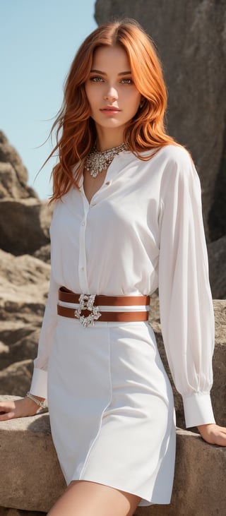Generate hyper realistic image of a woman with cascading locks of orange hair, her gaze fixed upon the viewer with warmth and allure, her lips curved into a subtle grin. She exudes elegance in a pristine white shirt elegantly tucked into a sleek skirt, accentuated by a chic belt that accentuates her slender waist. Around her neck, a shimmering necklace adds a touch of sophistication, while the backdrop of the photograph provides a picturesque setting. Torn thigh-highs lend an air of subtle sensuality, enhancing her magnetic charm.