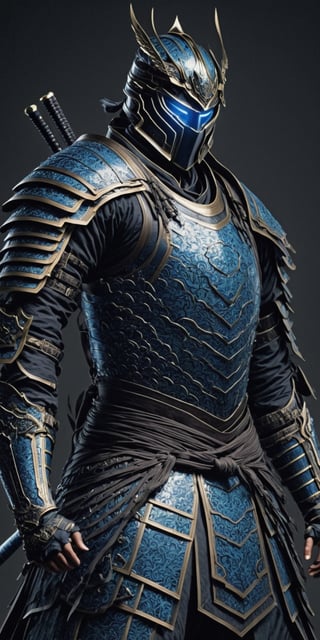 Generate an intricately detailed and visually compelling image of a formidable man adorned in futuristic samurai armor. Design a character whose armor seamlessly blends traditional samurai aesthetics with cutting-edge technology, featuring sleek lines, glowing accents, and advanced materials. Pay meticulous attention to the details of the armor, incorporating intricate patterns, symbols, and a harmonious color scheme. Place the man in a futuristic environment that complements the high-tech samurai theme, with dynamic lighting to showcase the reflective surfaces of the armor. Capture a sense of strength, honor, and readiness for battle, evoking the fusion of ancient warrior traditions with the advancements of a futuristic world. The goal is to create a visually stunning representation of a modern-day samurai in a technologically advanced era. .highly detailed . high_resolution, highly detailed, sharp focus.8k,NightmareFlame,rmspdvrs