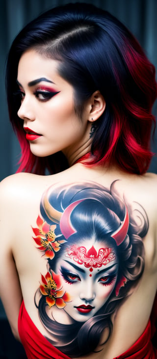 Generate hyper realistic image of a woman with an intricate and vibrant full-back tattoo. The woman is shown from behind, seated and leaning slightly to one side, allowing a clear view of her entire back. Her hair is straight and dark, falling around her shoulders. The tattoo covers her entire back. The central feature of the tattoo is a large Hannya mask. The mask has a fierce, angry expression with sharp teeth, depicted in vivid red and contrasting dark shades. The tattoo features rich, deep colors with intricate shading. he woman's hair is straight and dark, and it frames the tattoo. 