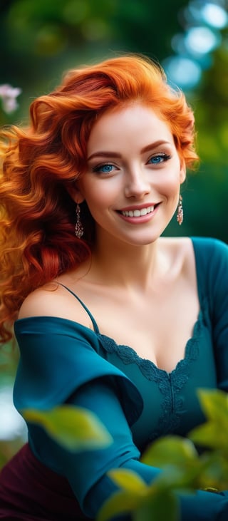 Generate hyper realistic image of a moment frozen in time, where a beguiling woman, her red hair a fiery cascade of curls, shares a knowing smile with the viewer. Her piercing blue eyes twinkle with mischief as she lounges against a backdrop of blurred foliage. Adorned with subtle earrings that catch the light, she embodies a natural beauty, her lips parted in a playful expression, her head tilted in coy invitation, sleeves grazing past her wrists in a relaxed gesture.