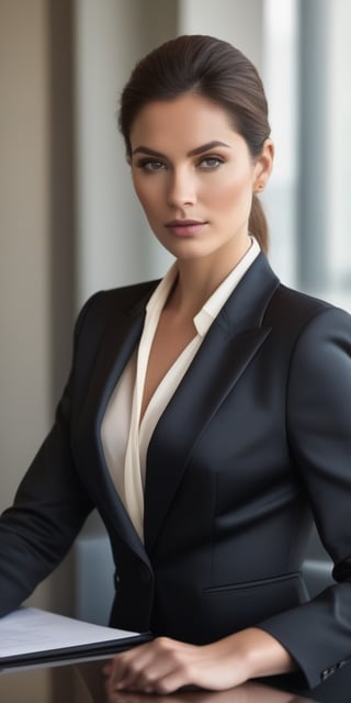 Generate hyper realistic image of  a woman in a refined boardroom ensemble—elegant blazer, silk blouse, and pencil skirt—her eyes reflecting strategic thinking and leadership during a high-stakes business meeting.((upper body))