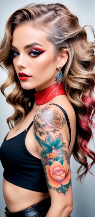 Generate hyper realistic image of a woman posing in an eye-catching outfit with a prominent tattoo. The woman has long, light brown hair styled in loose waves, cascading down her back and over her shoulders. Her makeup is striking, with a focus on her eyes, which enhanced with bold eyeliner. Her lips are painted red. She is looking over her shoulder directly at the camera. The woman has an elaborate tattoo covering her right arm and extending onto her back. The tattoo features includes floral and mythical elements, with vibrant colors such as teal and shades of red and brown. She is wearing a black, shiny, leather-like top that is cropped, exposing her midriff. The top has long sleeves. 