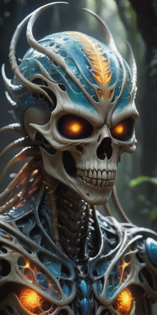 Generate hyper realistic image of  the skeletal alien is adorned with glowing, ethereal eyes that radiate a sense of ancient wisdom. Its jaw, lined with rows of sharp, serrated teeth, hints at its predatory nature and the primal instincts that lie beneath its enigmatic facade. From its skeletal fingertips extend tendrils of energy, weaving and pulsating with vibrant hues, as the alien manipulates the cosmic forces around it.